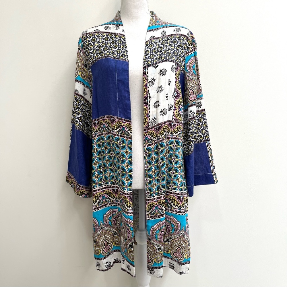 Chico's Patchwork Linen Long Kimono Duster Cardigan Topper Mixed Media Size 8/10 - Picture 2 of 13